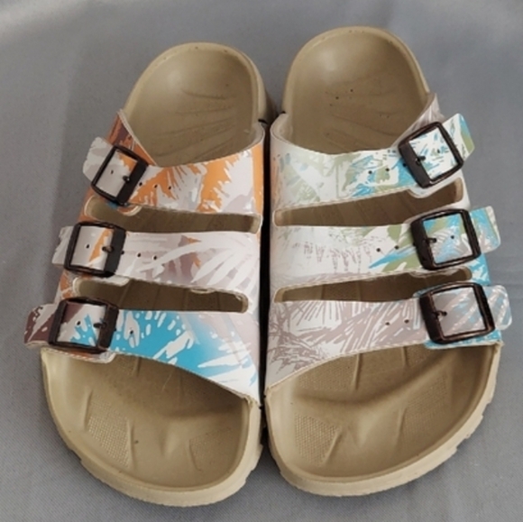 Birkenstock Other - Birkenstock "Birkis" Flat Sandals, Size 36, White Floral w/ Three Buckle Straps